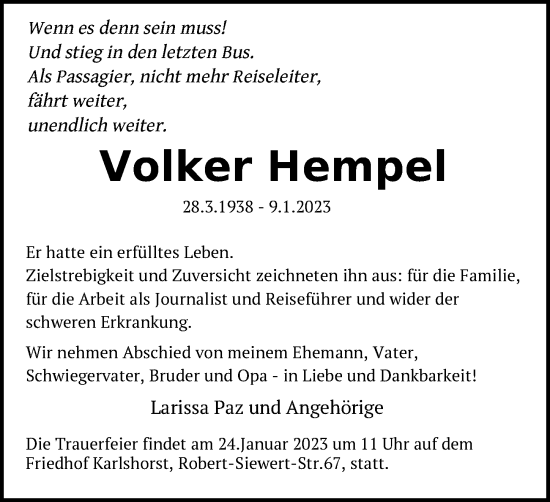 Traueranzeige von Volker Hempel von Berliner Zeitung