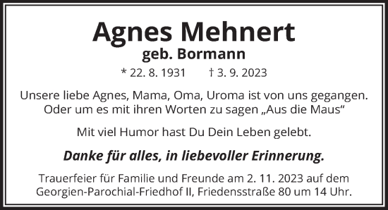 Traueranzeige von Agnes Mehnert von Berliner Zeitung
