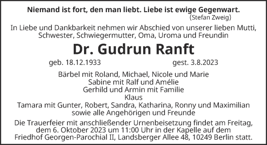 Traueranzeige von Gudrun Ranft von Berliner Zeitung