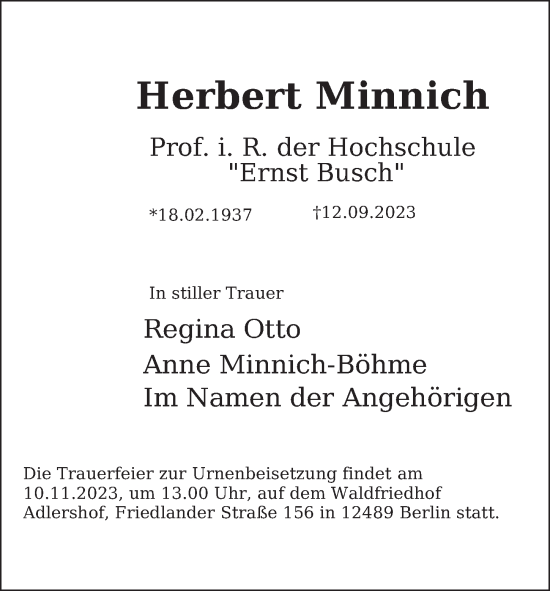 Traueranzeige von Herbert Minnich von Berliner Zeitung