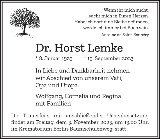 Traueranzeige von Horst Lemke von Berliner Zeitung