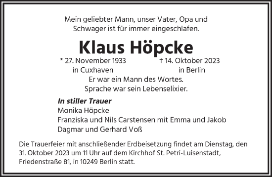 Traueranzeige von Klaus Höpcke von Berliner Zeitung