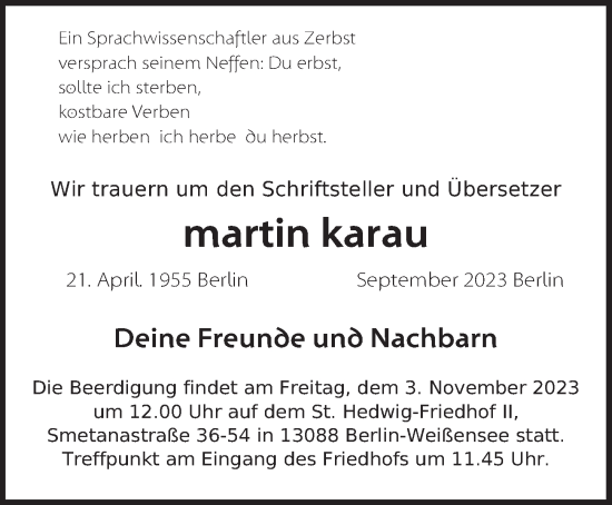 Traueranzeige von Martin Karau von Berliner Zeitung