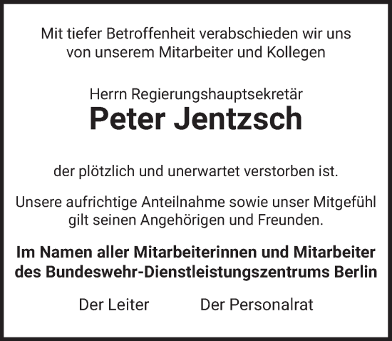 Traueranzeige von Peter Jentzsch von Berliner Zeitung