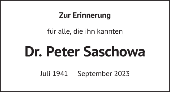 Traueranzeige von Peter Saschowa von Berliner Zeitung
