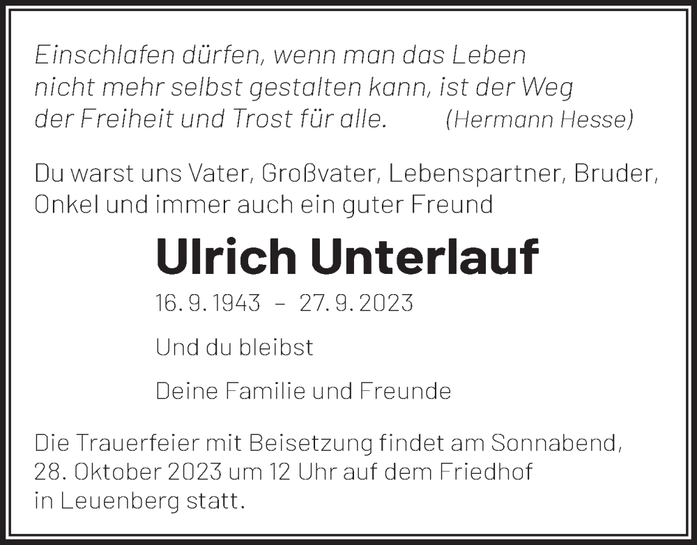  Traueranzeige für Ulrich Unterlauf vom 21.10.2023 aus Berliner Zeitung