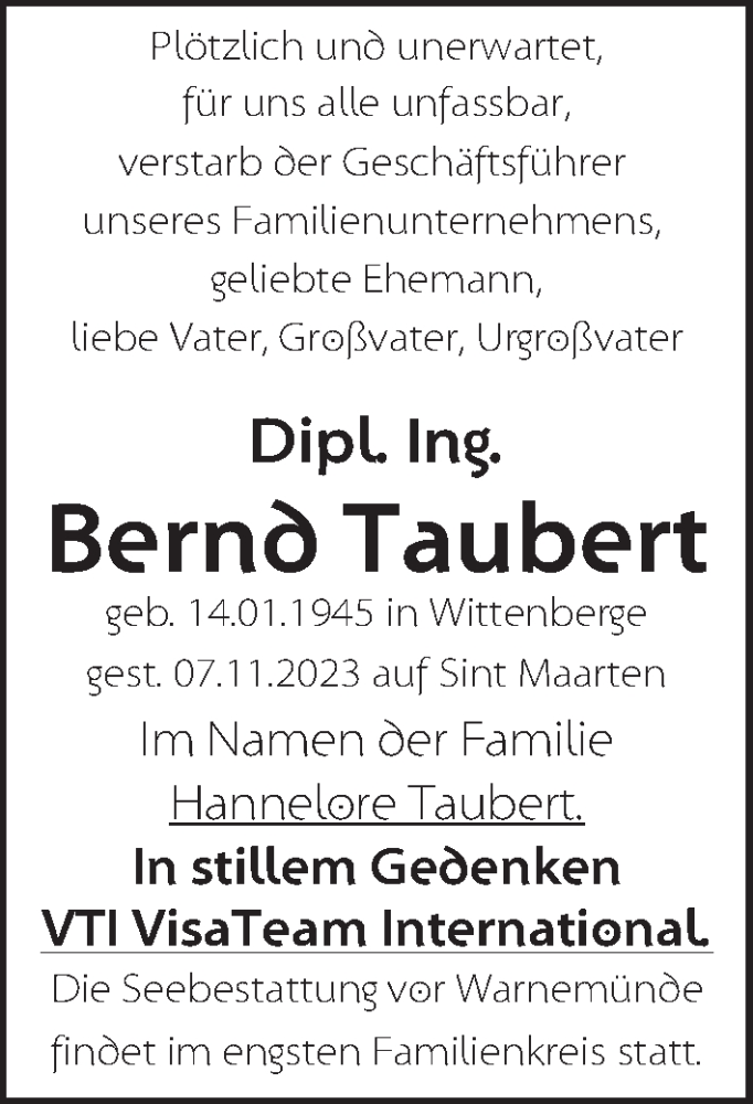  Traueranzeige für Bernd Taubert vom 01.12.2023 aus Berliner Zeitung