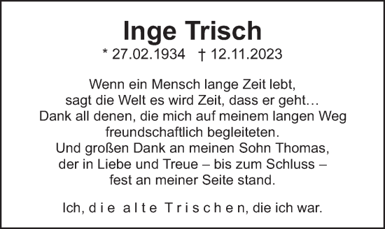 Traueranzeige von Inge Trisch von Berliner Zeitung