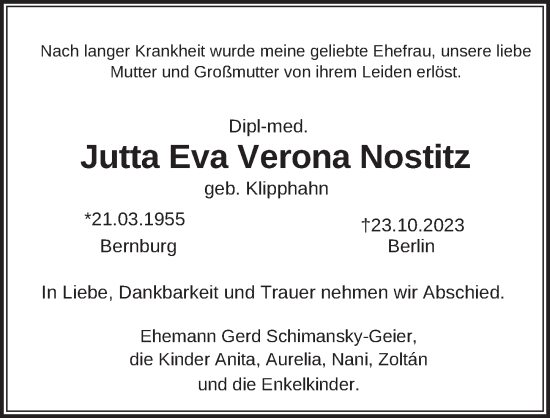 Traueranzeige von Jutta Eva Verona Nostitz von Berliner Kurier