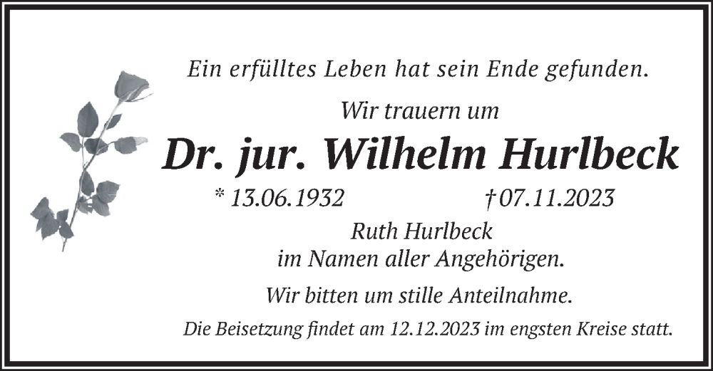 Traueranzeige für Wilhelm Hurlbeck vom 02.12.2023 aus Berliner Zeitung