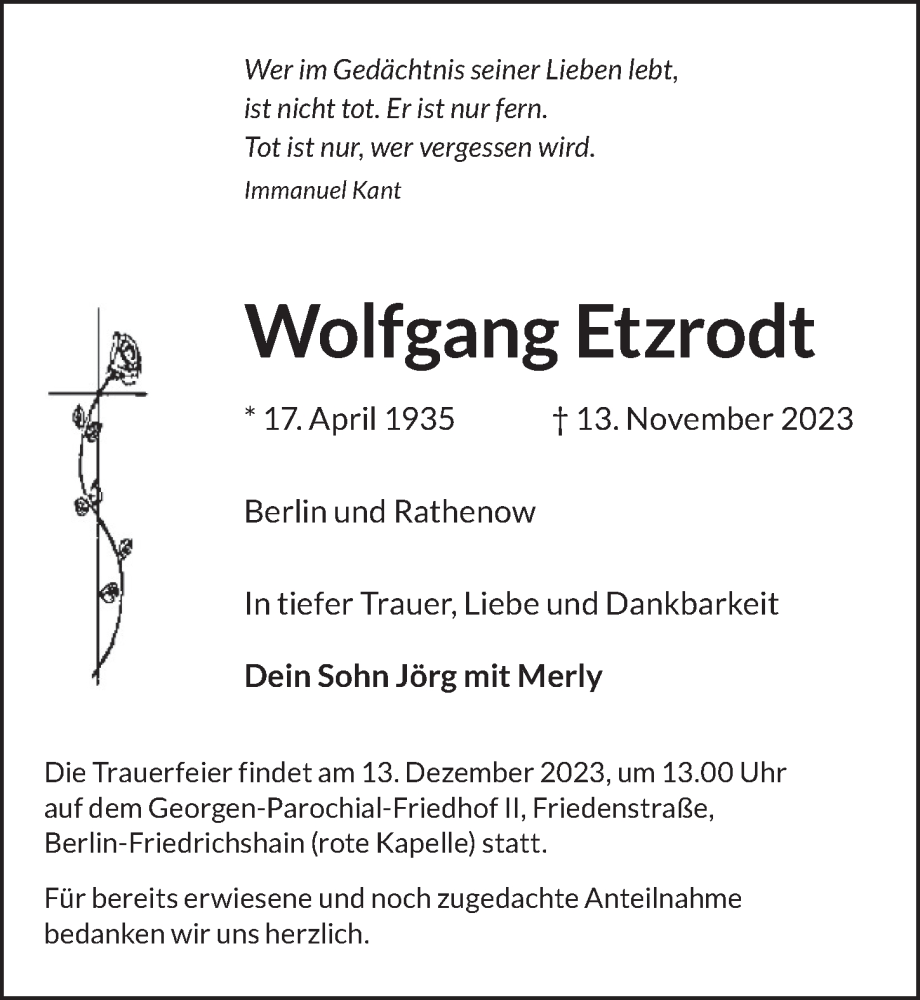  Traueranzeige für Wolfgang Etzrodt vom 29.11.2023 aus Berliner Zeitung