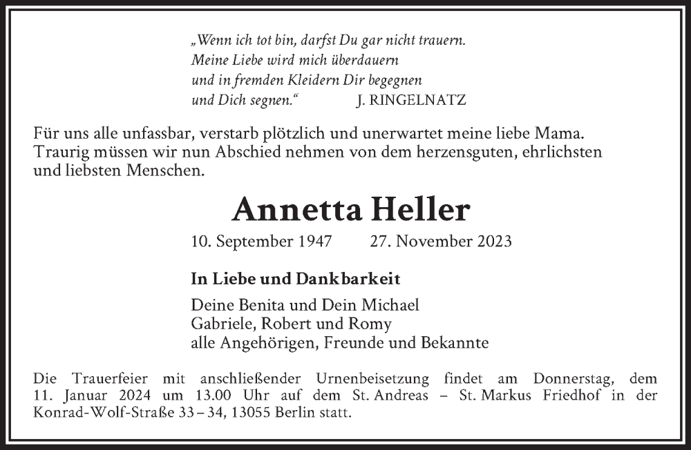  Traueranzeige für Annetta Heller vom 30.12.2023 aus Berliner Zeitung