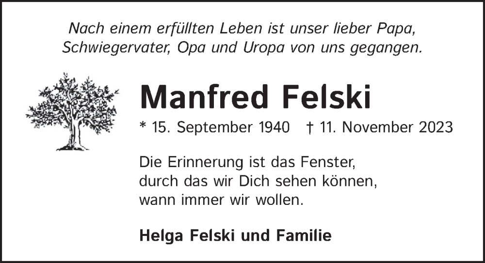  Traueranzeige für Manfred Felski vom 02.12.2023 aus Berliner Zeitung