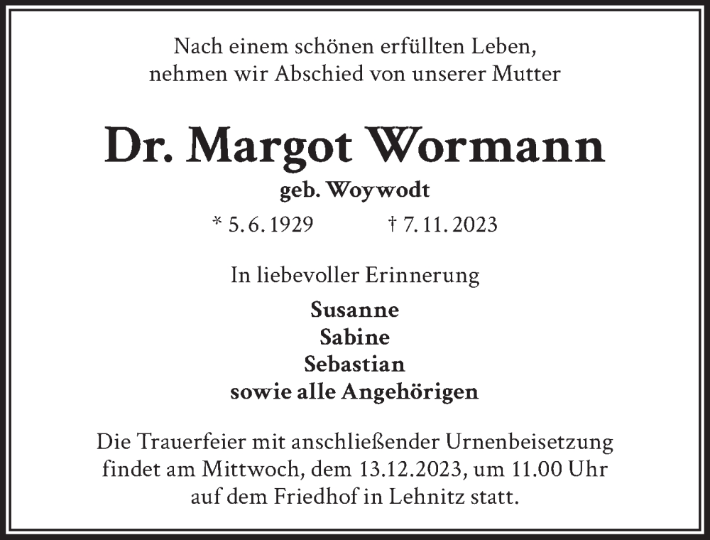  Traueranzeige für Margot Wormann vom 02.12.2023 aus Berliner Zeitung