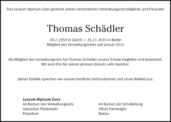 Traueranzeige von Thomas Schädler von Berliner Zeitung