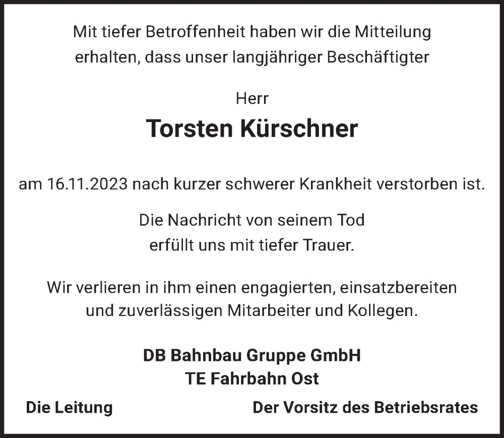  Traueranzeige für Torsten Kürschner vom 06.12.2023 aus Berliner Kurier