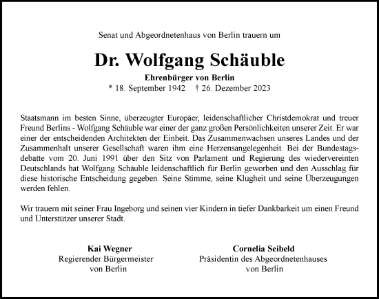 Traueranzeige von Wolfgang Schäuble von Berliner Zeitung
