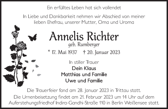 Traueranzeige von Annelis Richter von Berliner Zeitung