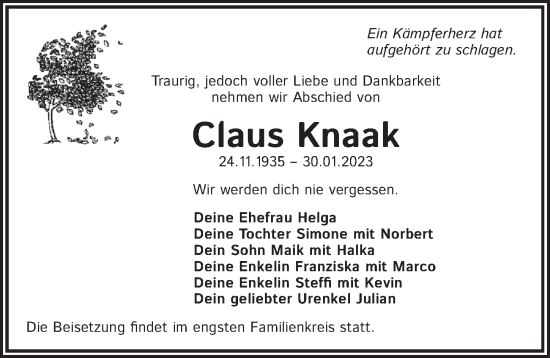 Traueranzeige von Claus Knaak von Berliner Kurier