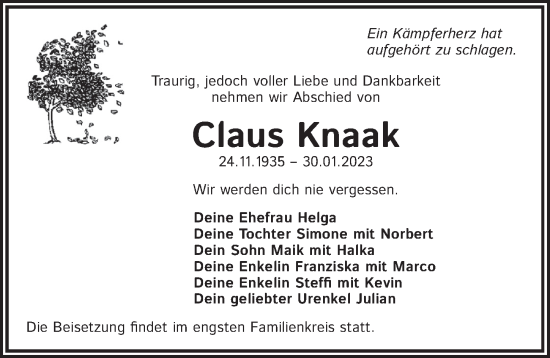 Traueranzeige von Claus Knaak von Berliner Zeitung