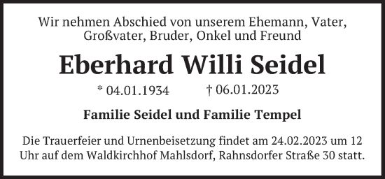 Traueranzeige von Eberhard Willi Seidel von Berliner Zeitung