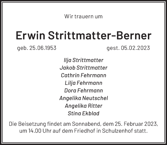 Traueranzeige von Erwin Strittmatter-Berner von Berliner Zeitung