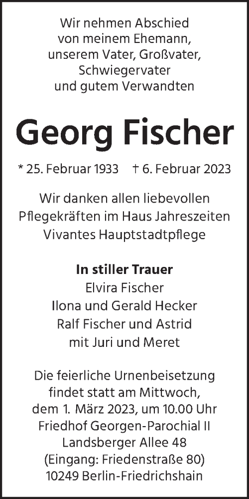 Traueranzeige von Georg Fischer von Berliner Zeitung