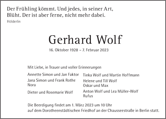 Traueranzeige von Gerhard Wolf von Berliner Zeitung