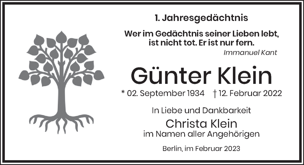  Traueranzeige für Günter Klein vom 11.02.2023 aus Berliner Zeitung