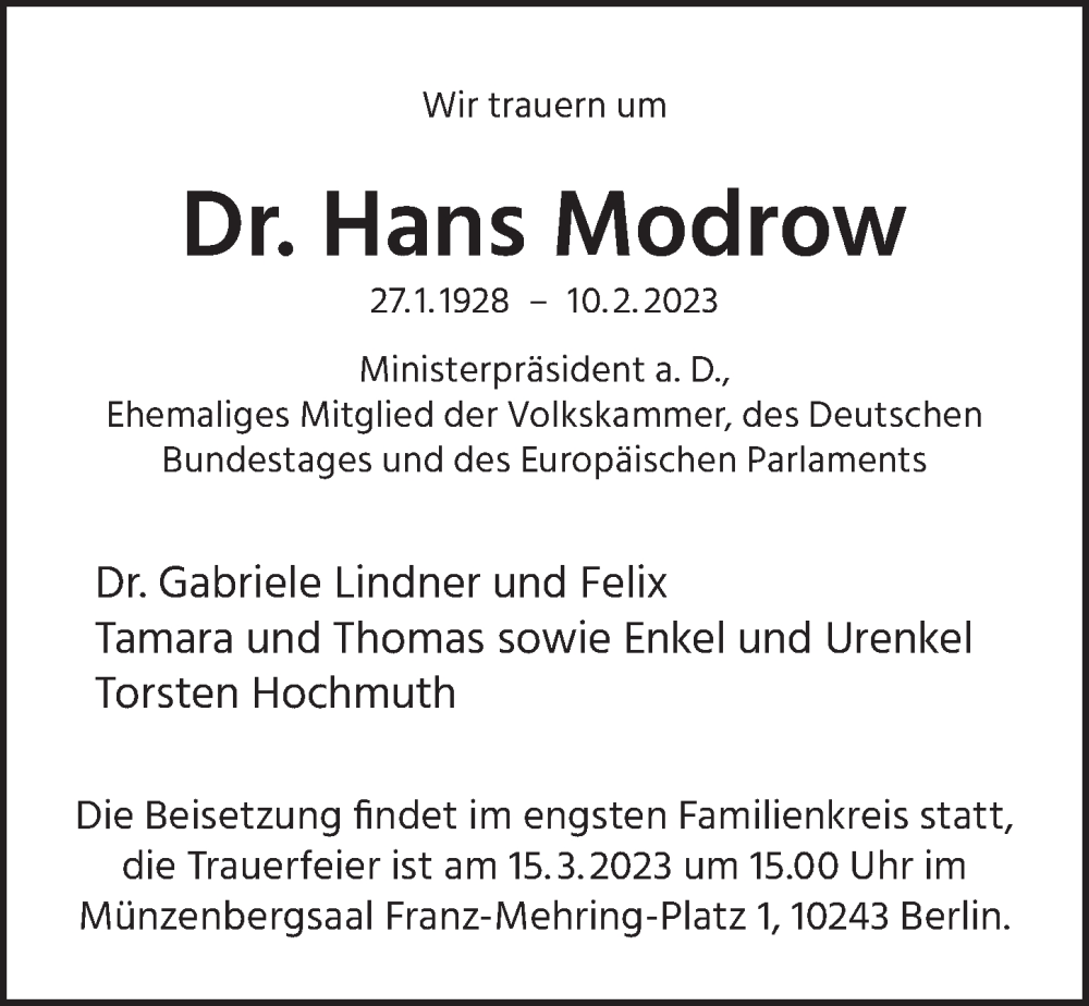 Traueranzeige für Hans Modrow vom 18.02.2023 aus Berliner Zeitung