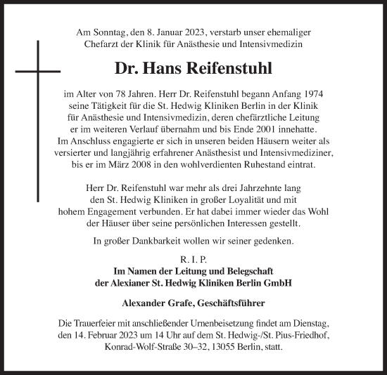 Traueranzeige von Hans Reifenstuhl von Berliner Zeitung