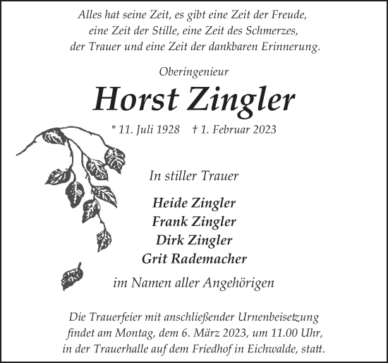 Traueranzeige von Horst Zingler von Berliner Zeitung