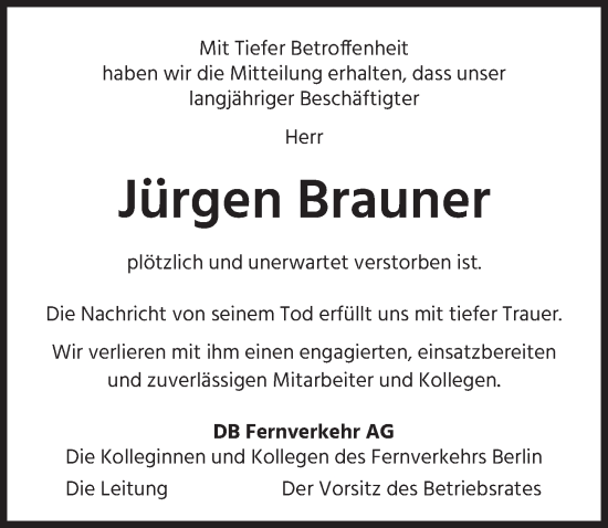 Traueranzeige von Jürgen Brauner von Berliner Zeitung