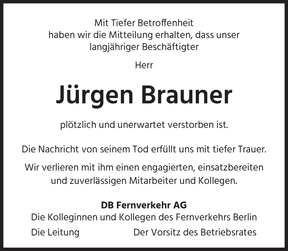  Traueranzeige für Jürgen Brauner vom 25.02.2023 aus Berliner Zeitung