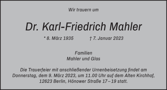 Traueranzeige von Karl-Friedrich Mahler von Berliner Zeitung