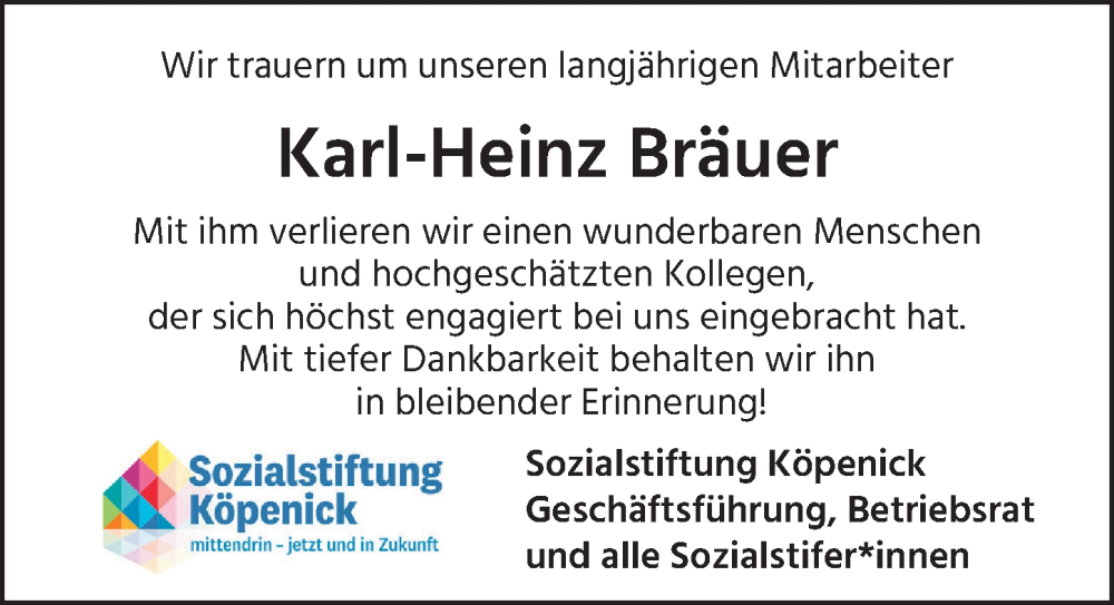  Traueranzeige für Karl-Heinz Bräuer vom 25.02.2023 aus Berliner Zeitung
