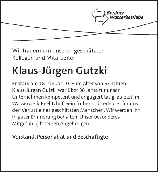 Traueranzeige von Klaus-Jürgen Gutzki von Berliner Zeitung