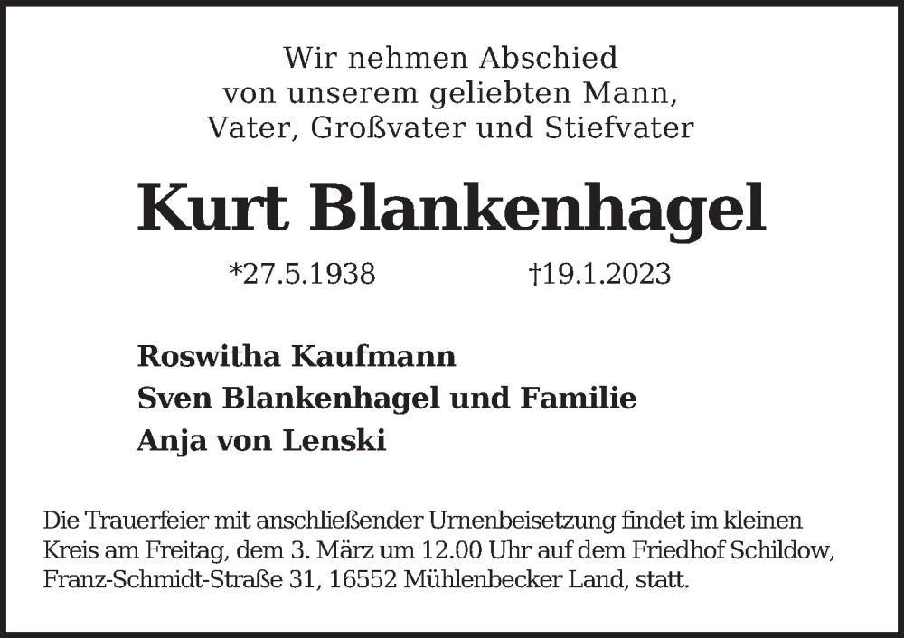  Traueranzeige für Kurt Blankenhagel vom 11.02.2023 aus Berliner Zeitung