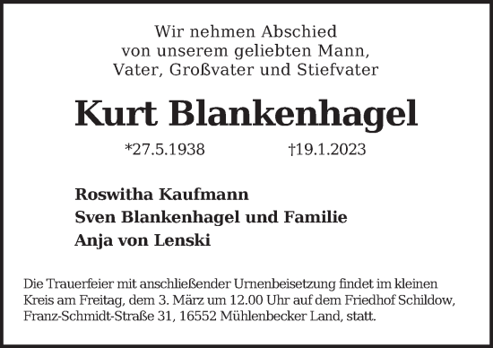 Traueranzeige von Kurt Blankenhagel von Berliner Zeitung