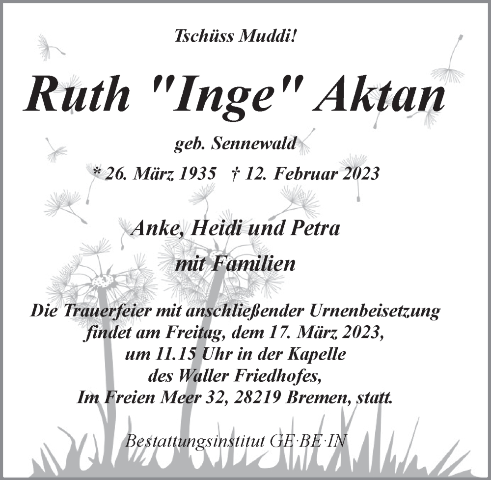  Traueranzeige für Ruth Aktan vom 25.02.2023 aus Berliner Zeitung
