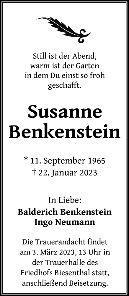 Traueranzeige von Susanne Benkenstein von Berliner Zeitung