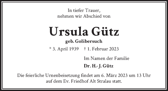 Traueranzeige von Ursula Gütz von Berliner Zeitung