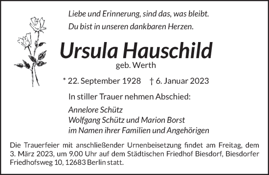 Traueranzeige von Ursula Hauschild von Berliner Zeitung