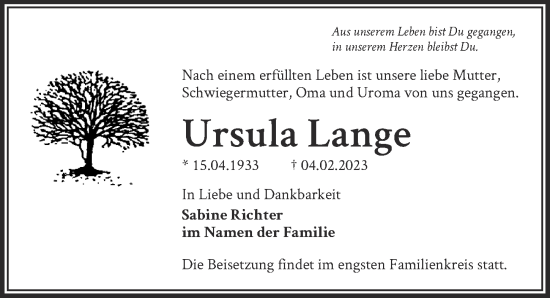 Traueranzeige von Ursula Lange von Berliner Zeitung