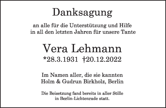 Traueranzeige von Vera Lehmann von Berliner Zeitung