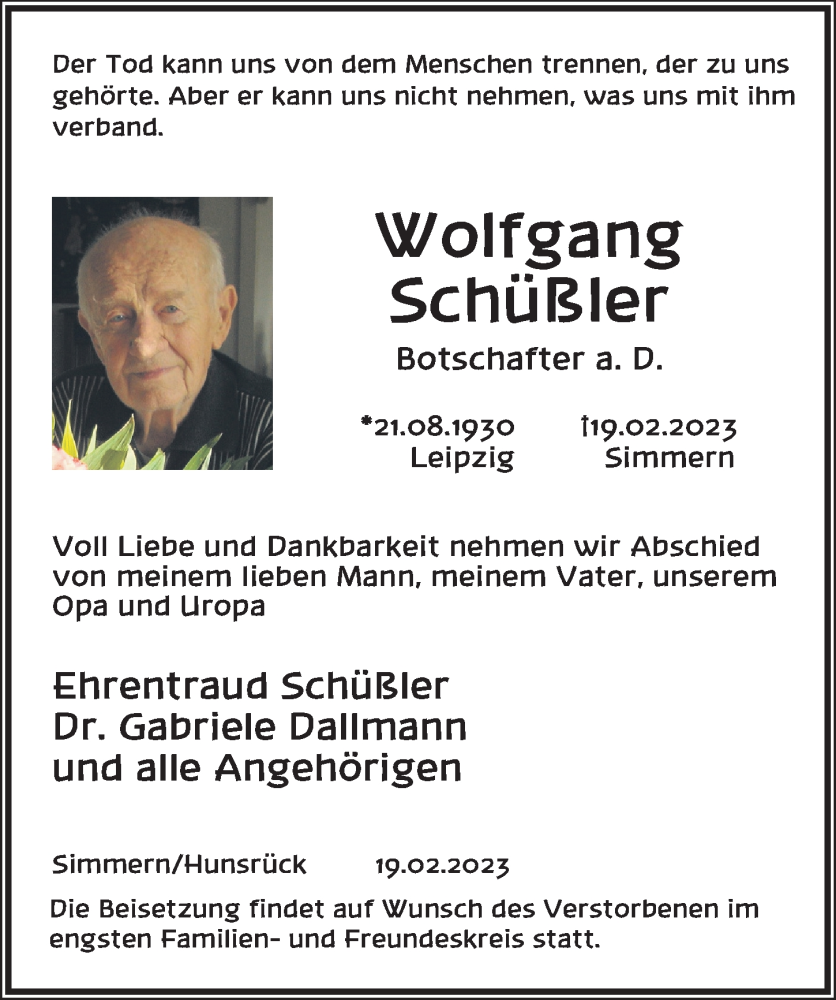  Traueranzeige für Wolfgang Schüßler vom 04.03.2023 aus Berliner Zeitung