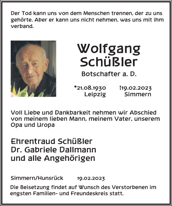 Traueranzeige von Wolfgang Schüßler von Berliner Zeitung