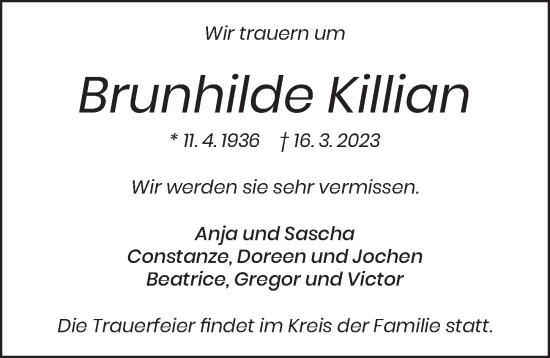 Traueranzeige von Brunhilde Killian von Berliner Zeitung