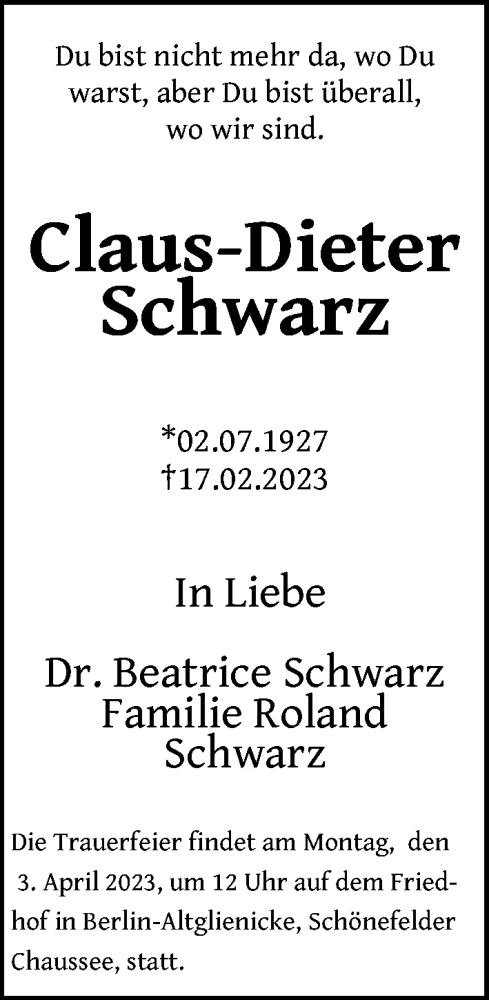  Traueranzeige für Claus-Dieter Schwarz vom 04.03.2023 aus Berliner Zeitung