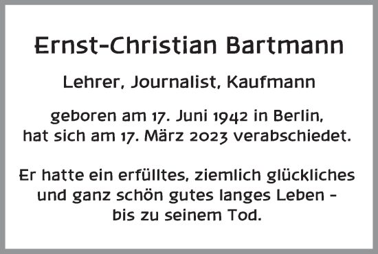 Traueranzeige von Ernst-Christian Bartmann von Berliner Zeitung